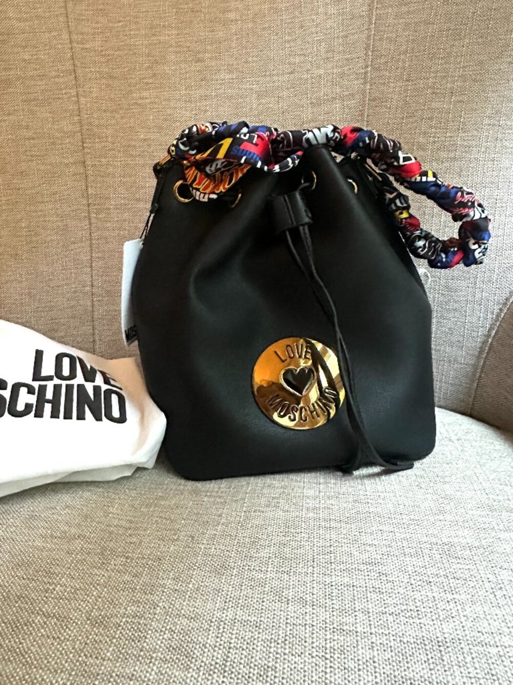 Love Moschino Black Scarf-Handle Bucket Bag NWT